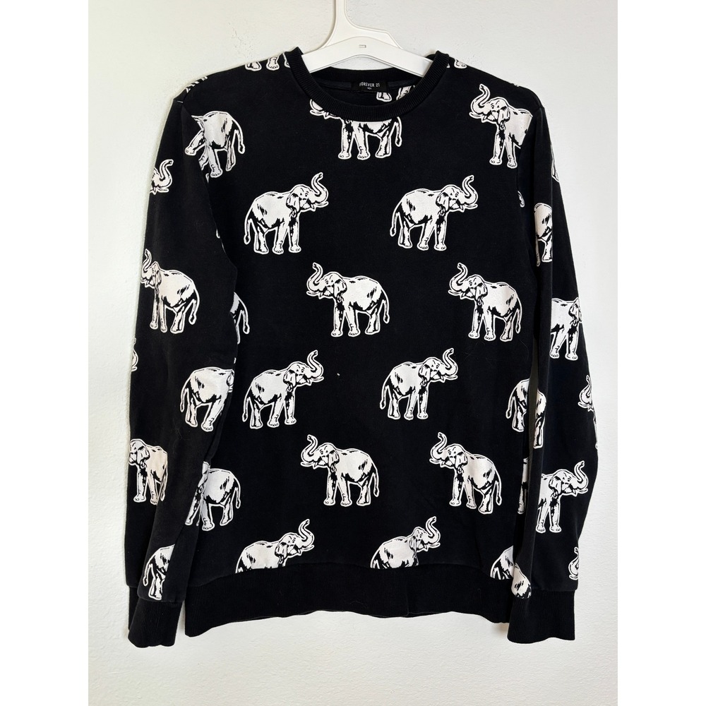 Forever 21 Men Black White Elephant All Over Print Crewneck Sweatshirt Pullover